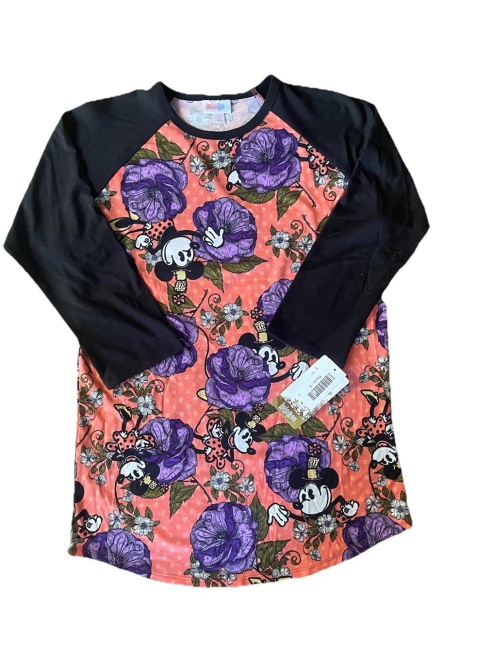 Women’s LuLaRoe Minnie Mouse Floral Raglan Top - Black & Coral with Purple Roses